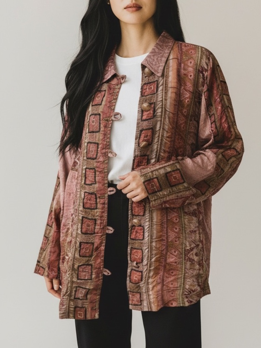 URU Silk Patches Patchwork  Button Tunic  Jacket  One Size XL  Boho Art To Wear